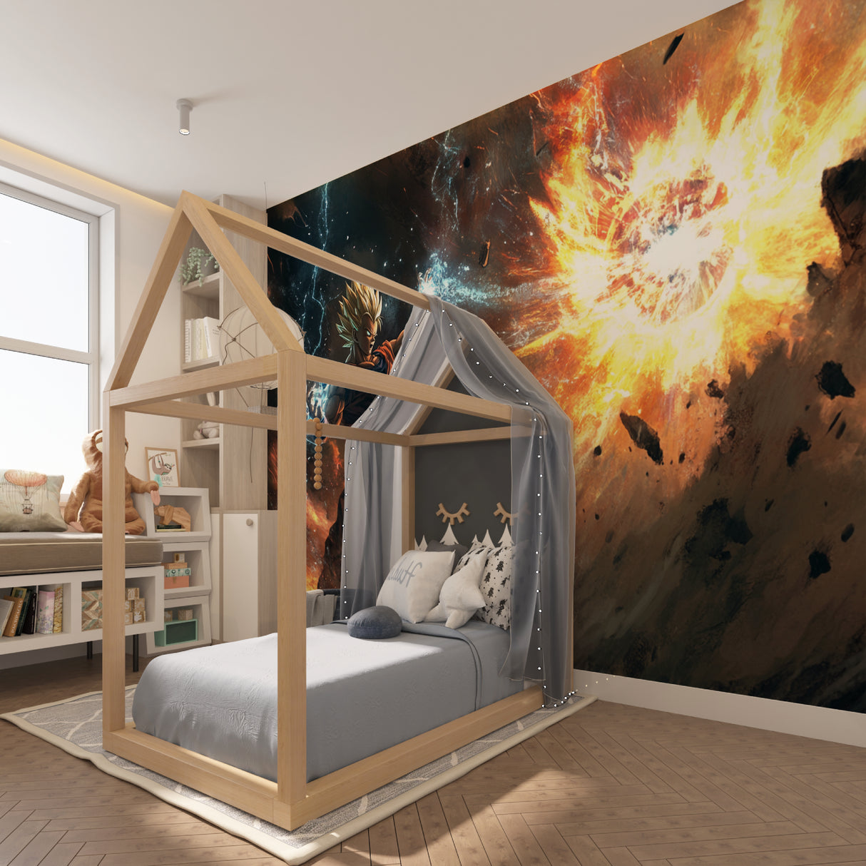 Anime wall mural showcased in basement gaming zone with LED lights
