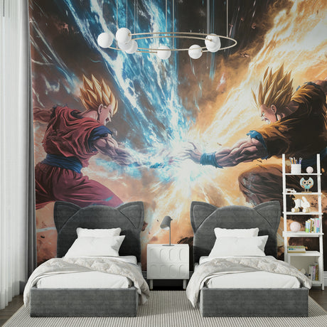 Dragon Ball Z battle mural bringing epic anime action to a modern gaming room setup with LED lighting