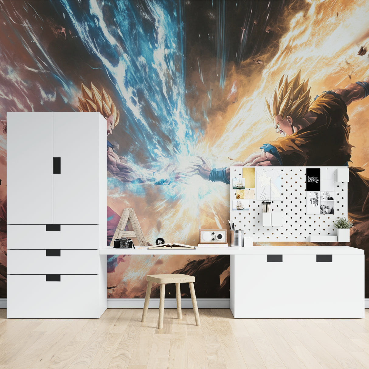 Anime battle wallpaper transforming a teen bedroom with dynamic Dragon Ball Z characters and energy waves