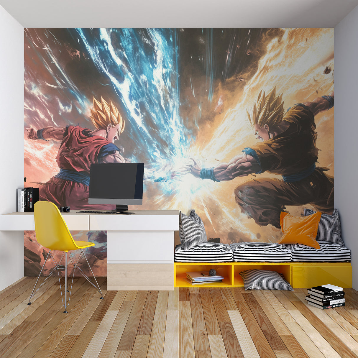 Dragon Ball Z mural creating an immersive atmosphere in a colorful entertainment room