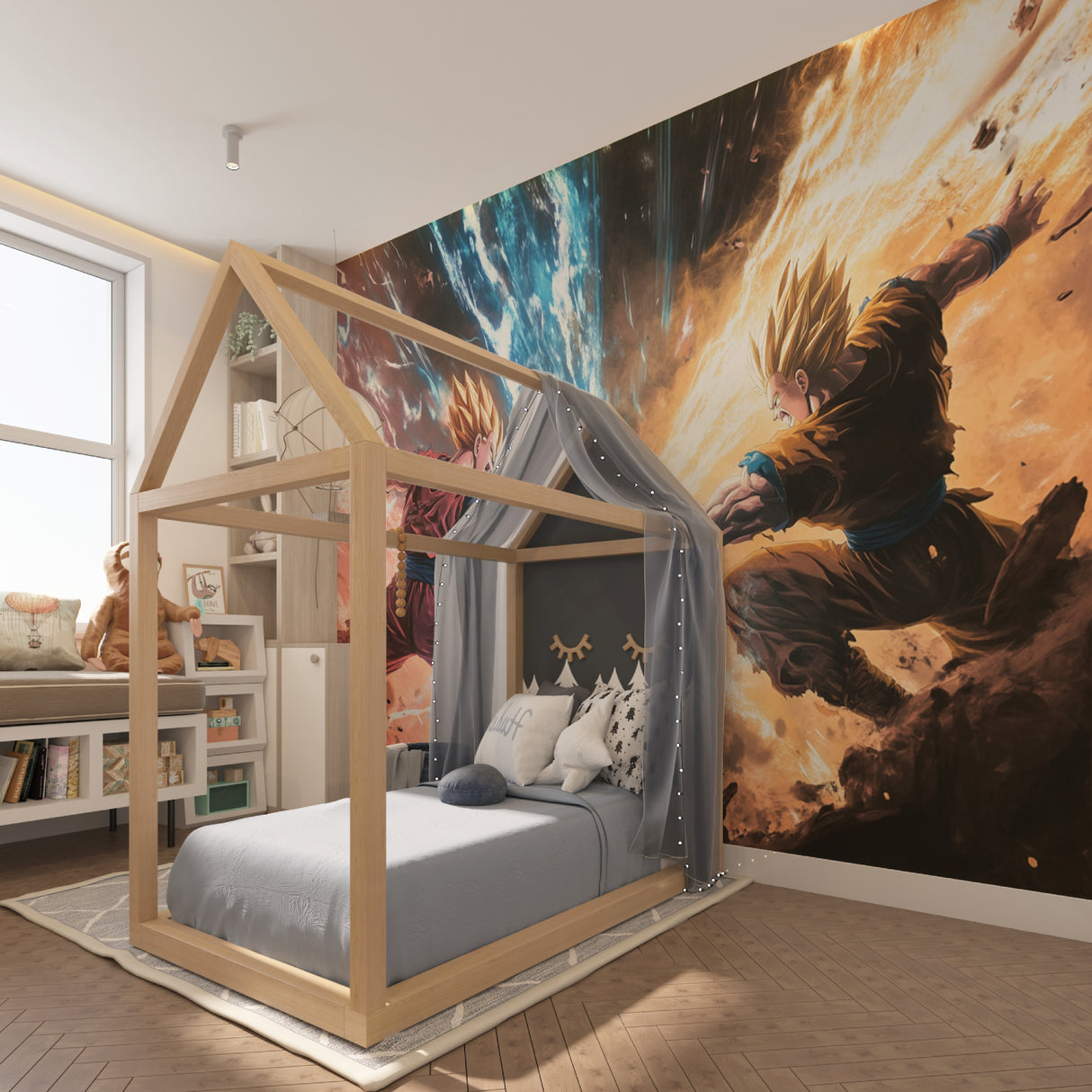 Anime wall mural showcasing explosive battle scene in a modern home theater setup