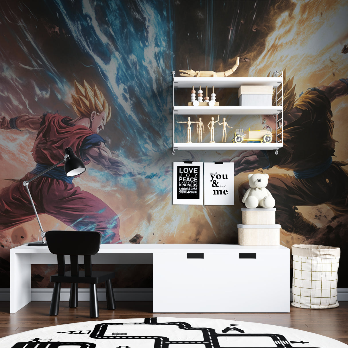 Dragon Ball Z wallpaper bringing character to a stylish gaming corner with ambient lighting