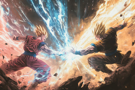 Dragon Ball Z battle scene design file showing detailed artwork and vibrant energy effects