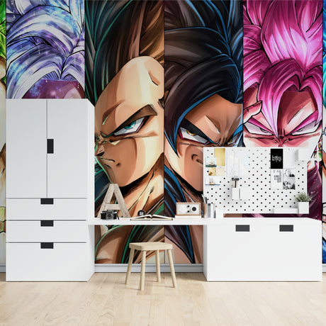 Dragon Ball Z anime wallpaper mural displayed in a modern gaming room with LED lighting and gaming setup