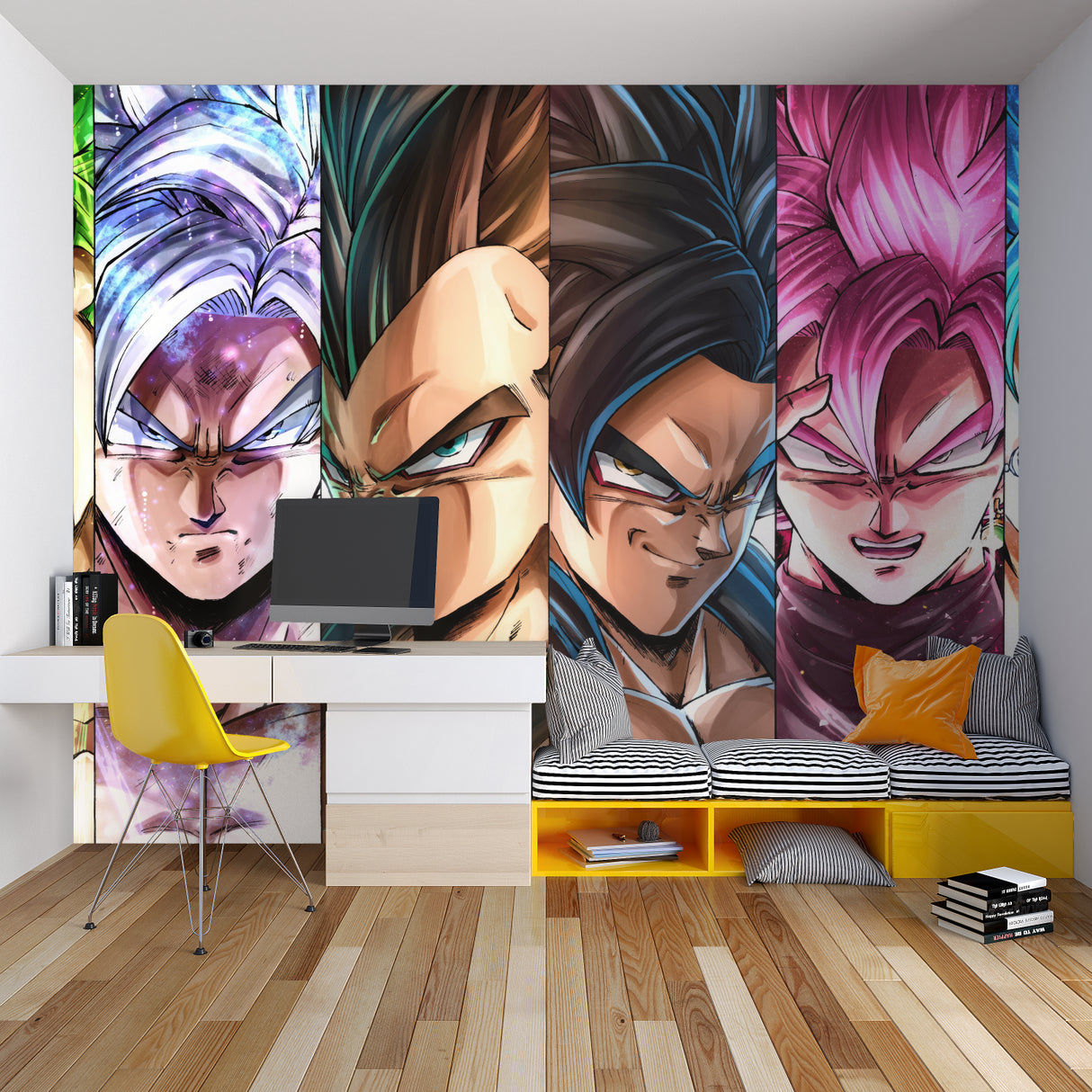 Anime wall mural featuring Dragon Ball Z characters in a teen bedroom with contemporary furniture