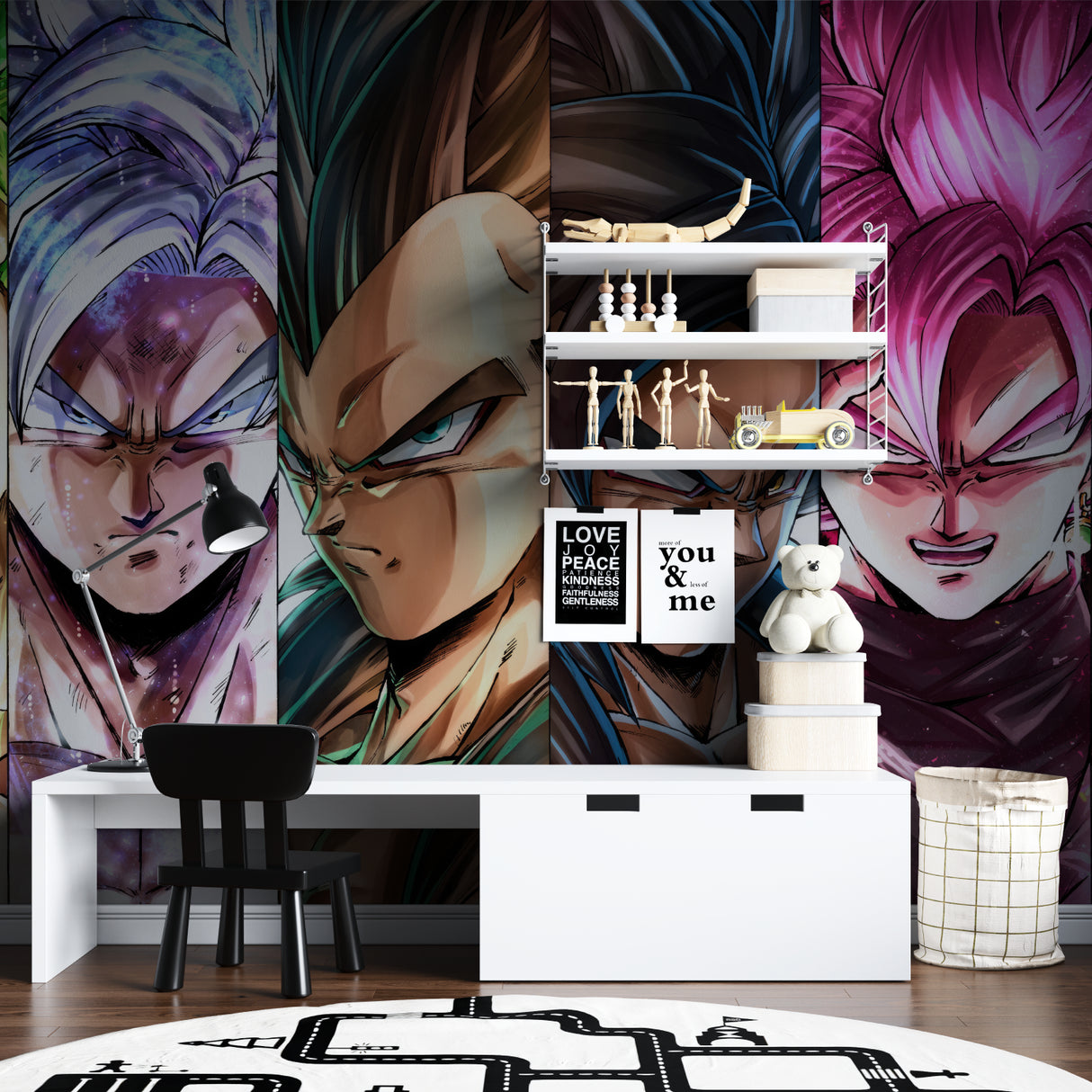 Japanese anime wallpaper showing Dragon Ball characters in a stylish home office setting
