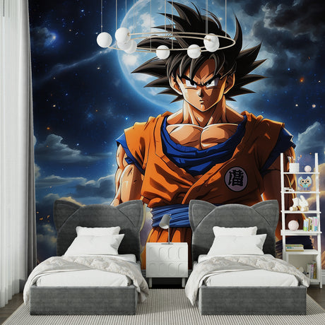 Dragon Ball Z Goku wallpaper mural displayed in a modern gaming room with LED lighting effects