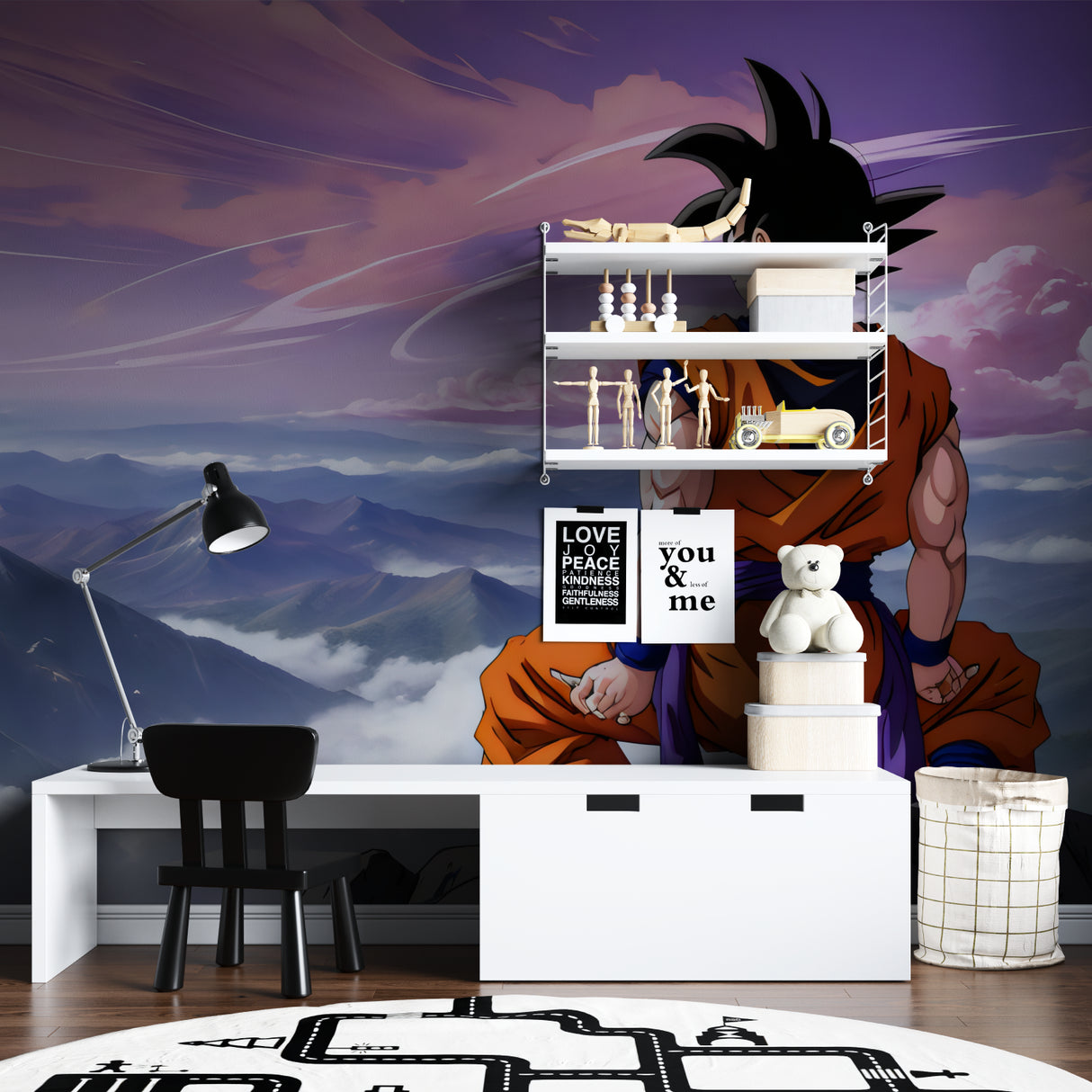 Dragon Ball Z anime wallpaper mural displayed in modern gaming room with purple LED lighting