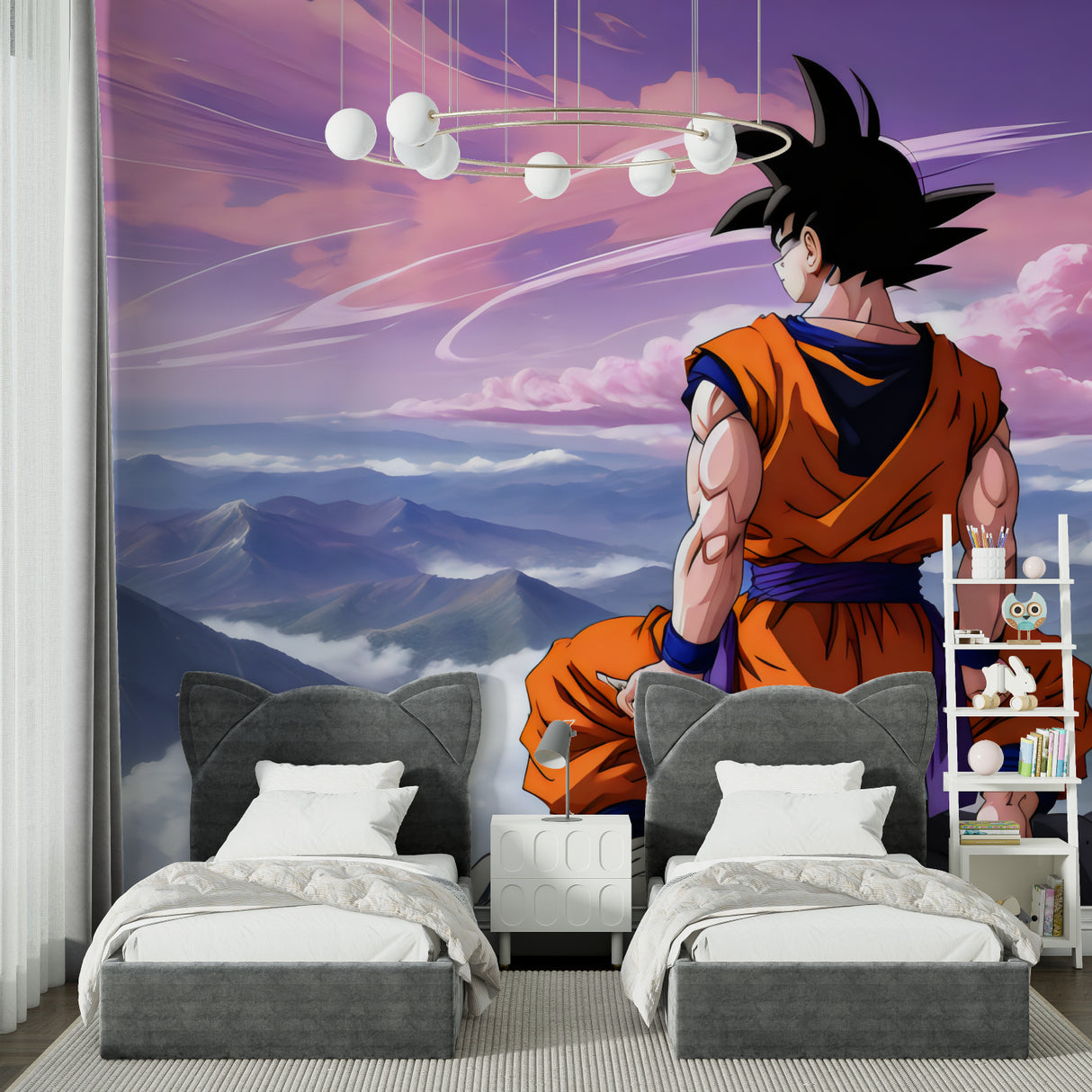 Anime wall mural featuring mountain scene in stylish teen bedroom setup