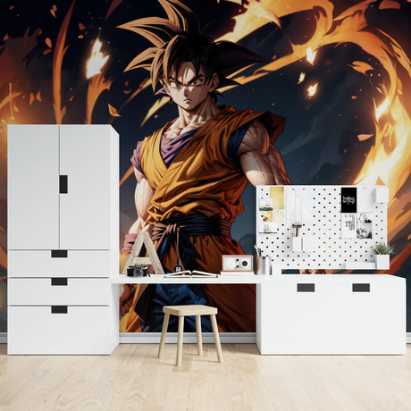 Dragon Ball Z anime wallpaper mural displayed in modern gaming room with LED lighting setup