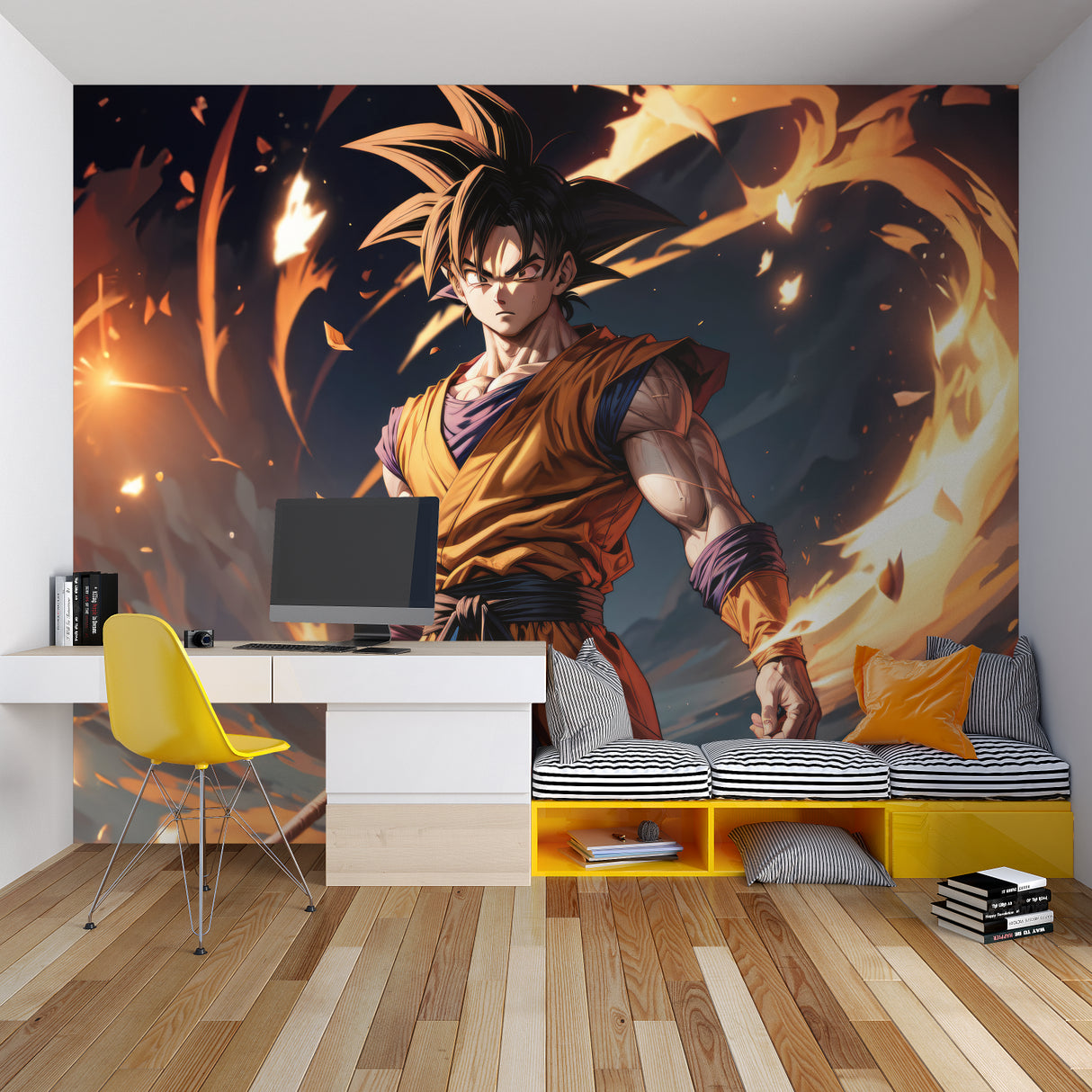 Anime wall mural bringing energy to teen bedroom with gaming setup
