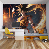 Anime wall mural bringing energy to teen bedroom with gaming setup