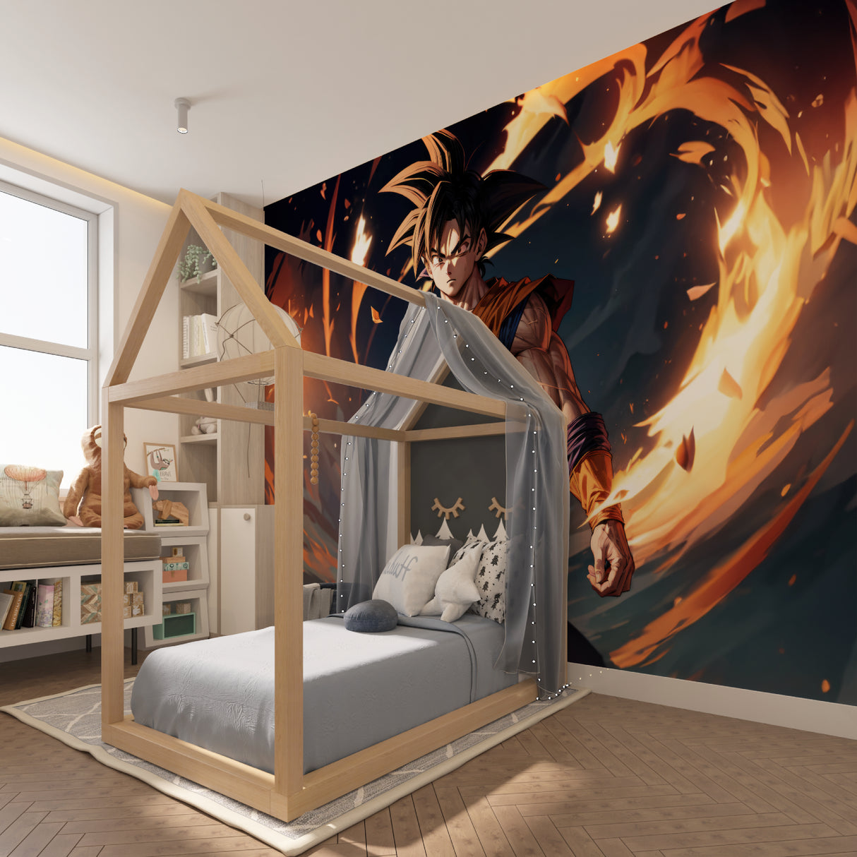 Japanese anime mural showcased in entertainment room with dramatic lighting