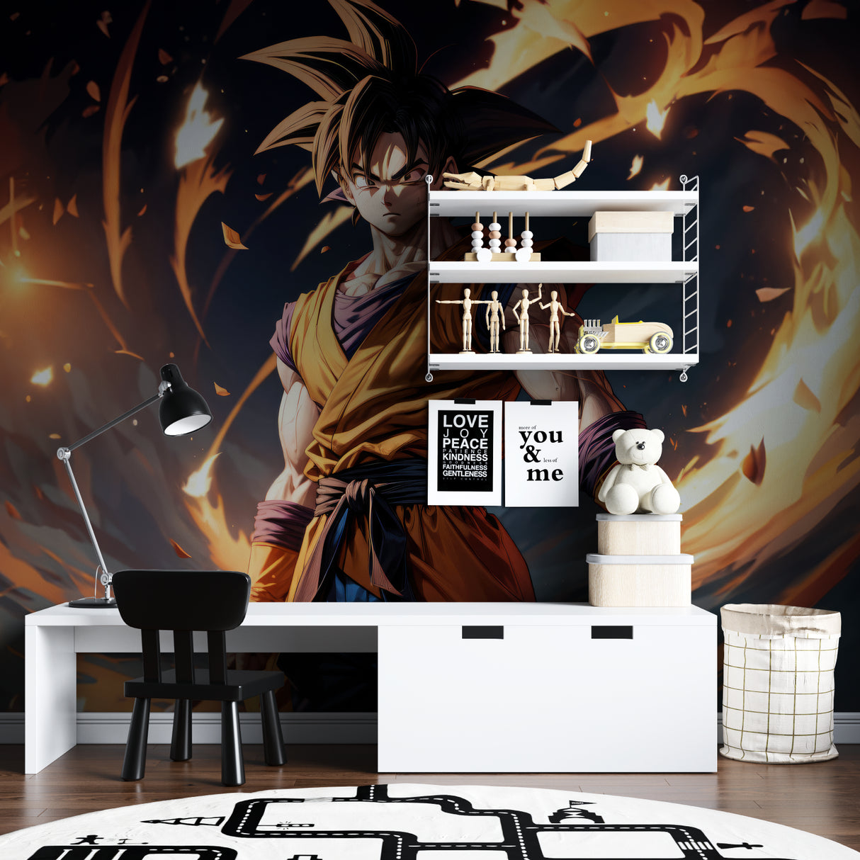 Anime mural wallpaper transforming fan cave with orange glow effects