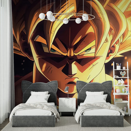 Dragon Ball Z anime wallpaper mural displayed in modern gaming room with LED lighting and gaming setup