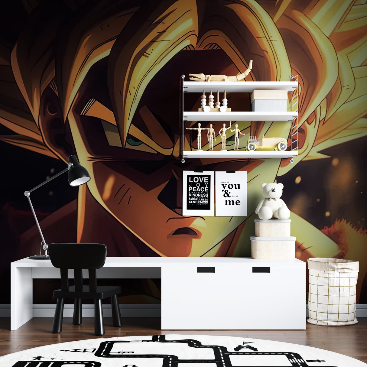 Anime wall mural in teen bedroom showing Dragon Ball Z warrior portrait with collectibles display