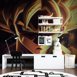 Anime wall mural in teen bedroom showing Dragon Ball Z warrior portrait with collectibles display