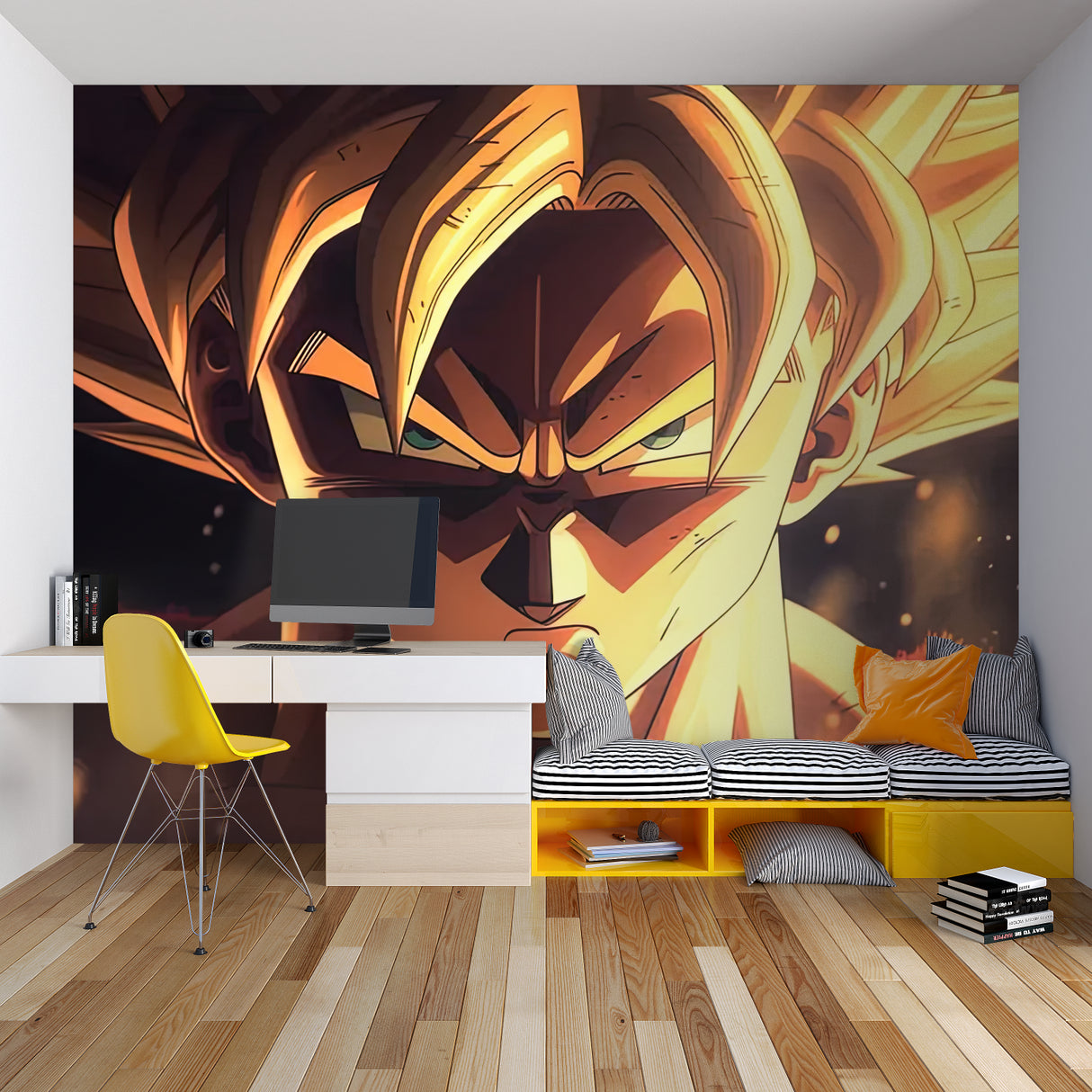 Manga wallpaper installation in entertainment room featuring dramatic Dragon Ball Z character
