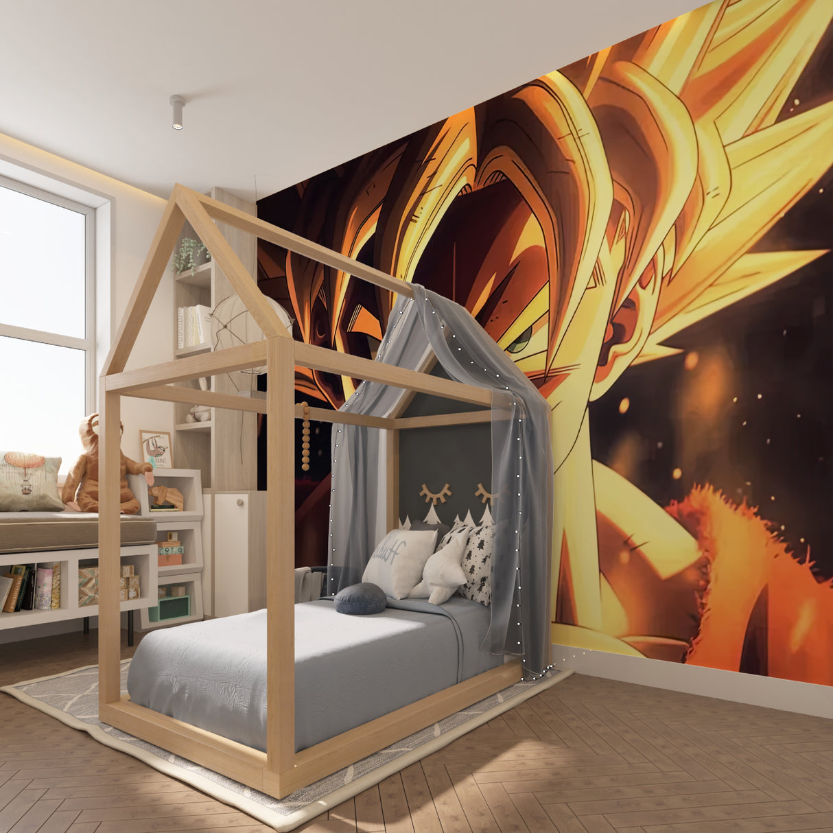Dragon Ball Z warrior mural in stylish home office with modern furniture and ambient lighting