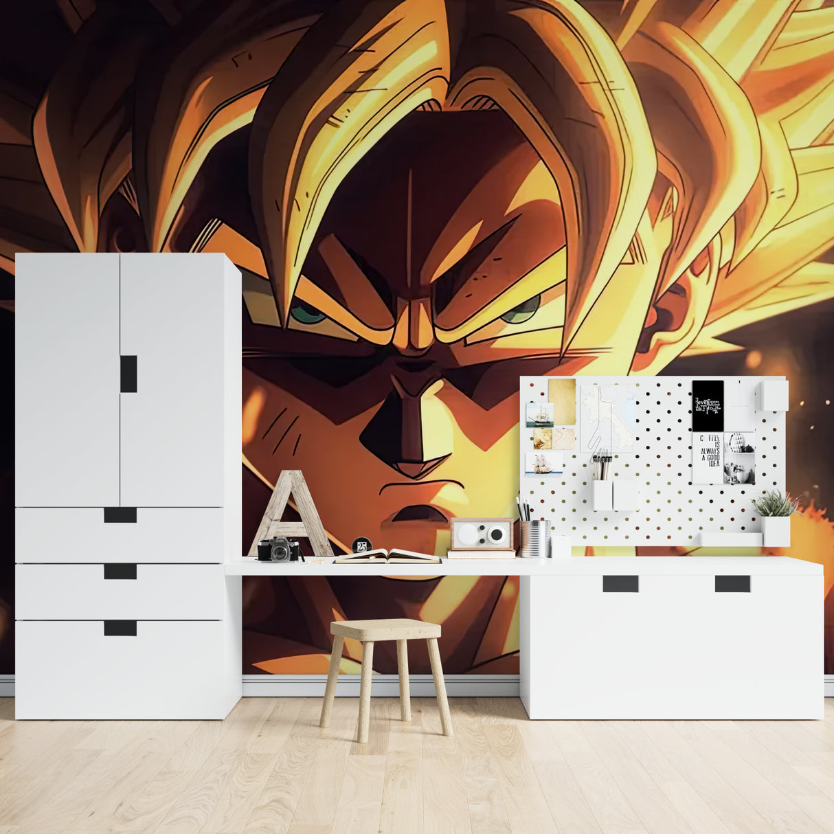 Anime wall design showcased in fan cave with gaming chairs and collectible displays