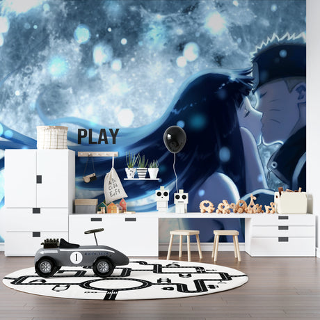 Anime night sky mural wallpaper creating a magical atmosphere in a modern teen bedroom with LED lighting
