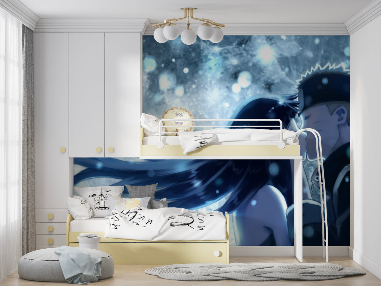 Japanese anime wall mural showcased in a gaming room with ambient blue lighting