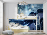 Japanese anime wall mural showcased in a gaming room with ambient blue lighting