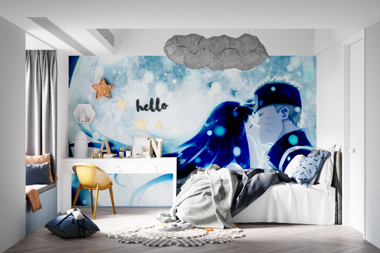 Dreamy anime wallpaper installation in a cozy reading nook with floating shelves