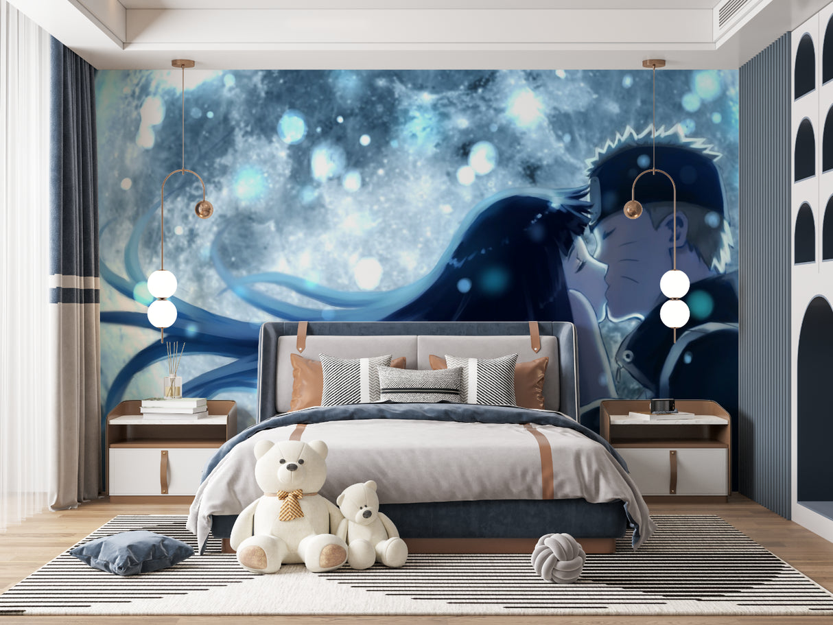 Blue anime wall design bringing character to a modern living room space