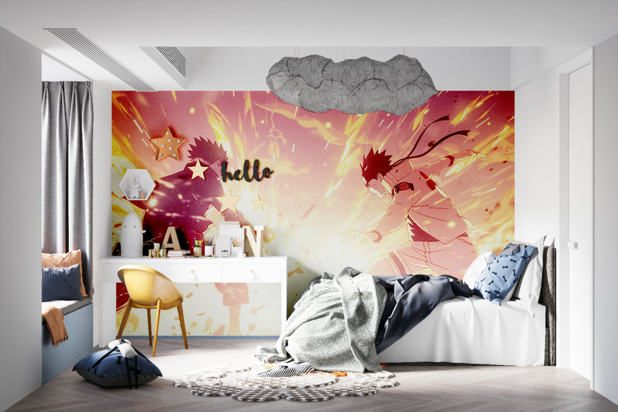 Anime battle wallpaper bringing energy to a modern gaming room with dramatic red and orange tones