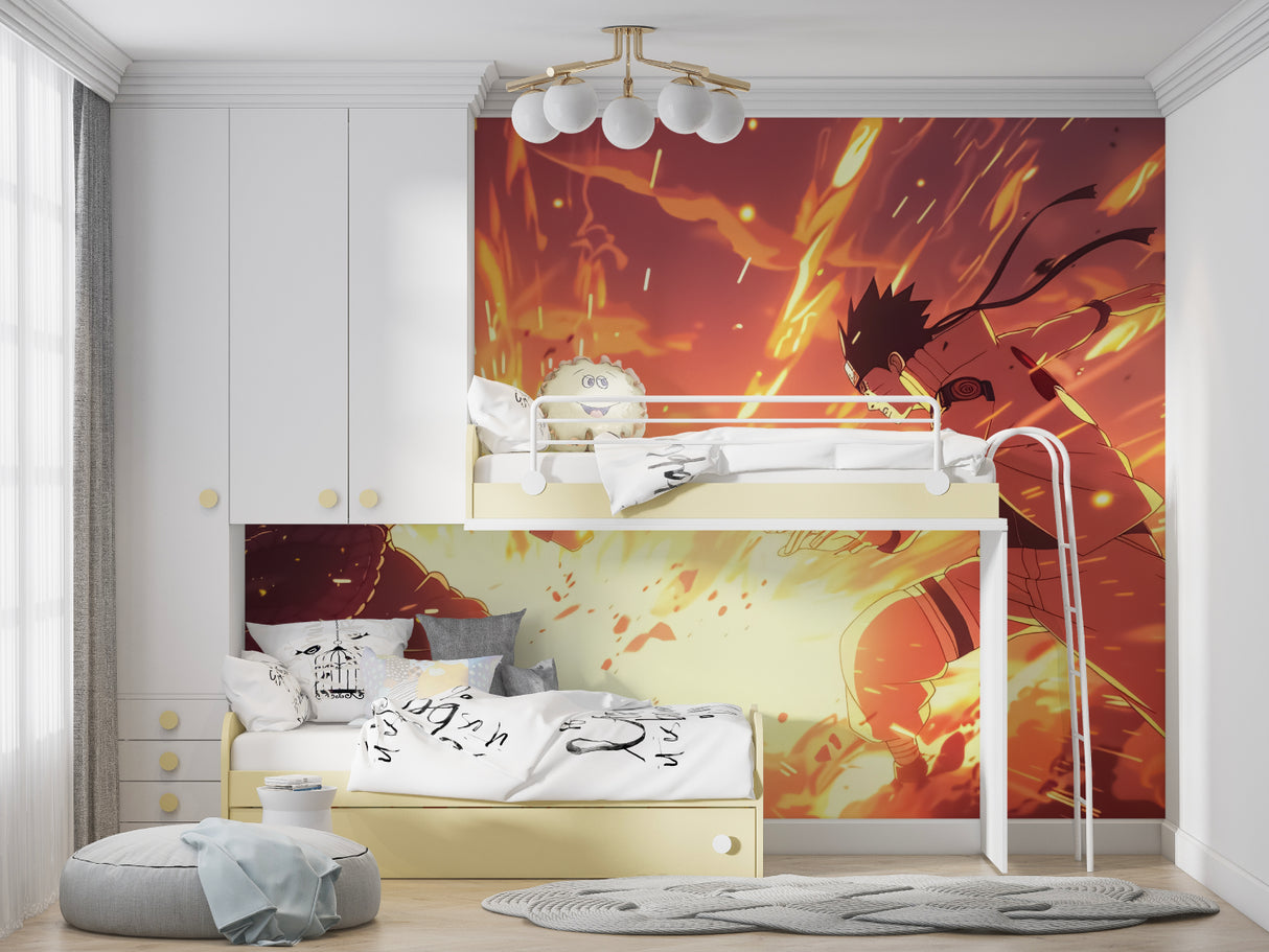 Dynamic anime mural in a teen bedroom showing epic battle scene with fiery effects