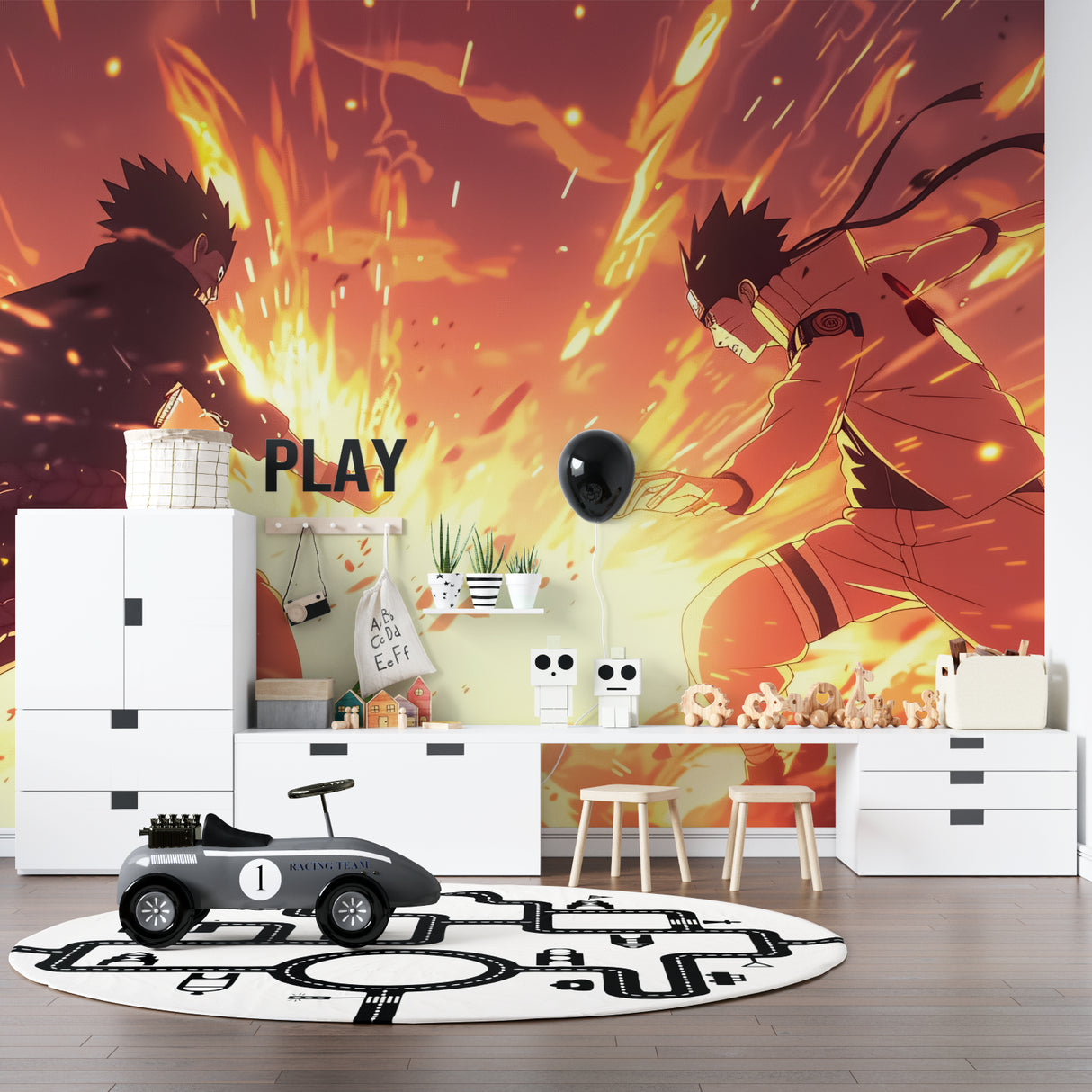 Anime action mural transforming a media room with intense battle imagery