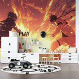 Anime action mural transforming a media room with intense battle imagery
