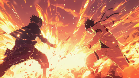 Design file showing detailed anime battle artwork with dramatic fire effects