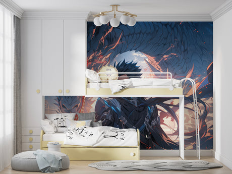 Anime Dragon Warrior mural wallpaper creating drama in a modern gaming room with LED lighting