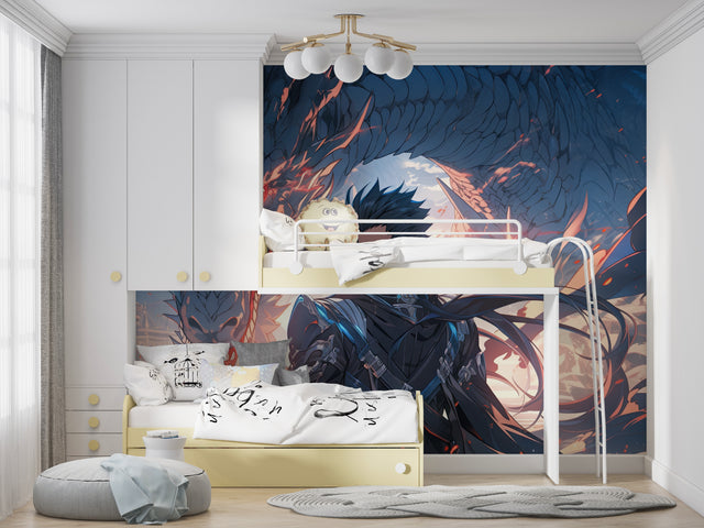 Anime Dragon Warrior mural wallpaper creating drama in a modern gaming room with LED lighting