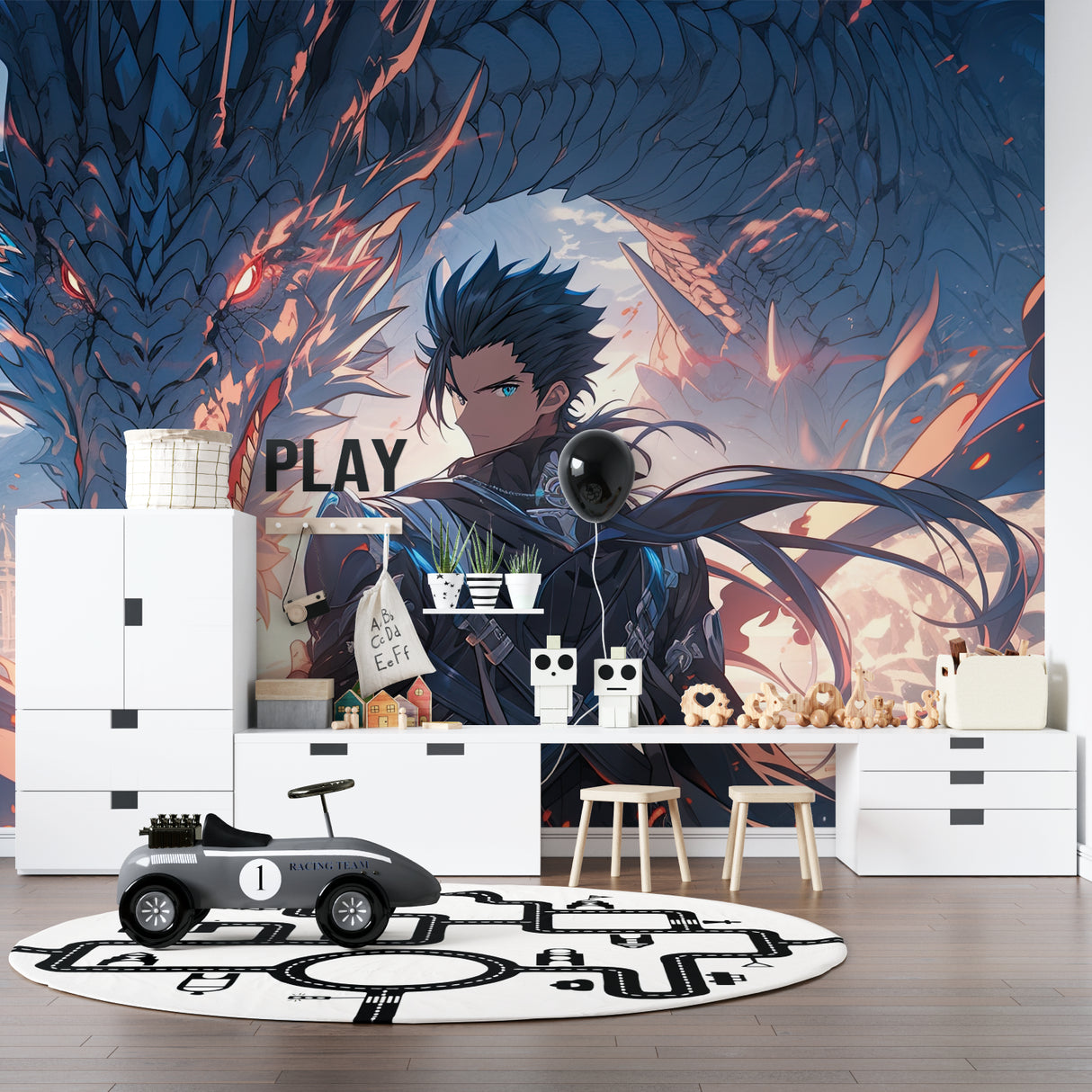 Japanese anime wallpaper showcased in a teen bedroom with gaming setup