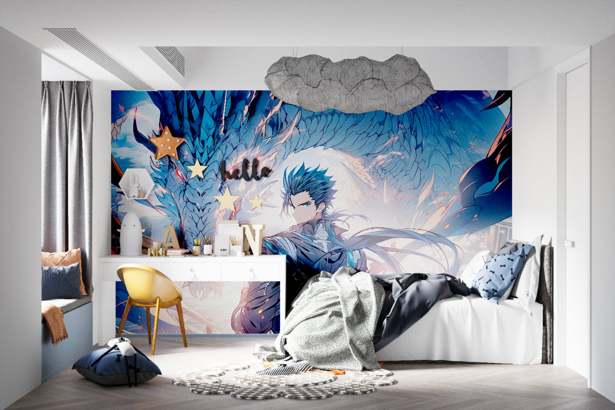 Dragon Warrior anime mural in a stylish entertainment room setting