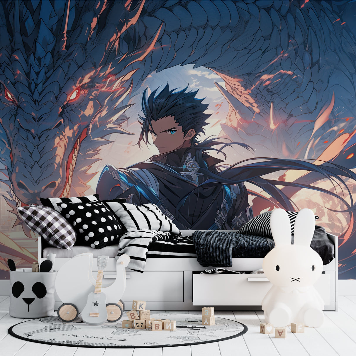 Manga-style wall mural bringing epic atmosphere to a modern living room