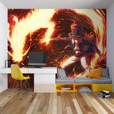 Anime fire battle mural bringing energy to a modern gaming room with dramatic red and orange tones