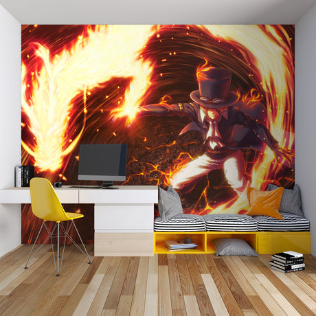 Anime fire battle mural bringing energy to a modern gaming room with dramatic red and orange tones