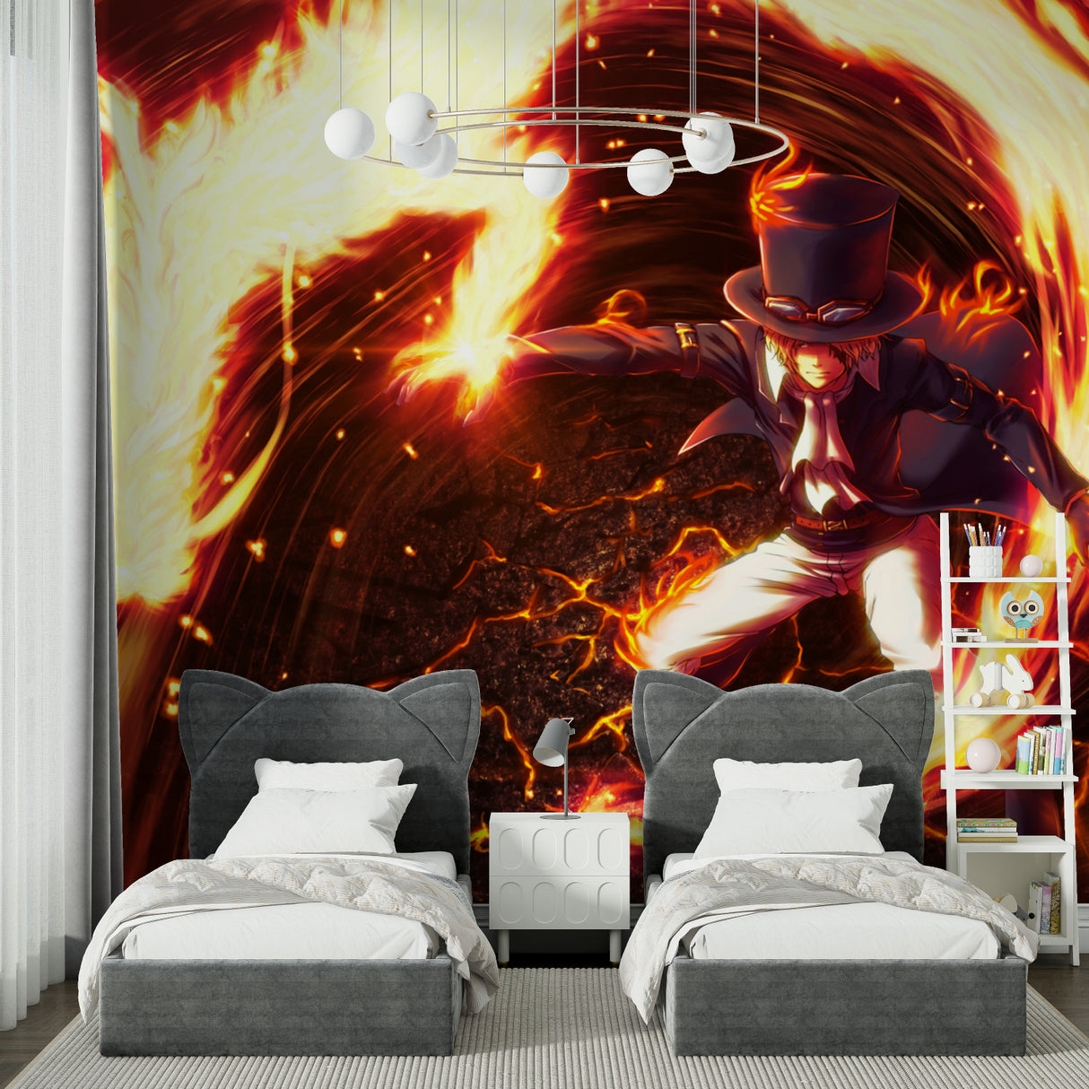 Teen bedroom transformed with dynamic anime battle wallpaper featuring striking flame effects