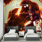 Teen bedroom transformed with dynamic anime battle wallpaper featuring striking flame effects