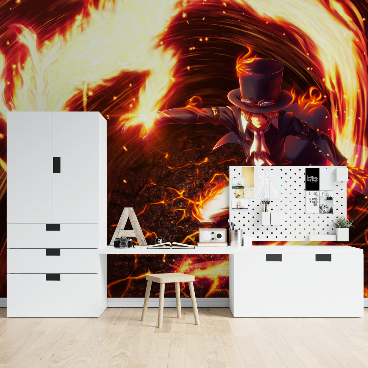 Home office space enhanced with anime fire battle mural creating an inspiring atmosphere