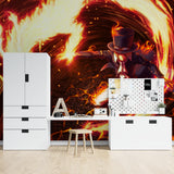Home office space enhanced with anime fire battle mural creating an inspiring atmosphere