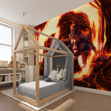 Entertainment room showcasing anime battle scene wallpaper with dramatic lighting effects