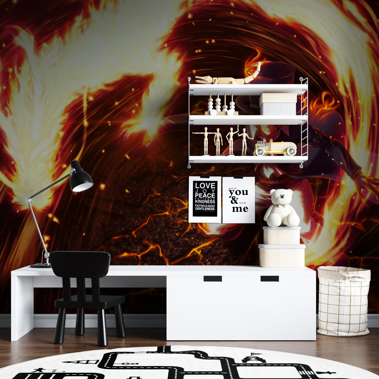 Media room featuring anime fire battle mural creating an immersive viewing experience