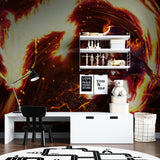 Media room featuring anime fire battle mural creating an immersive viewing experience