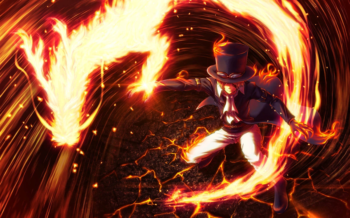 Design file showing detailed anime battle scene pattern with fire effects and character in formal attire