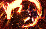 Design file showing detailed anime battle scene pattern with fire effects and character in formal attire